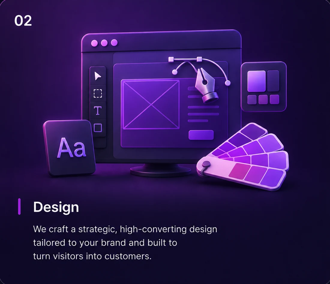 Step 02: Design — We design every page around your brand and your offer, and share it with you for feedback before we build.